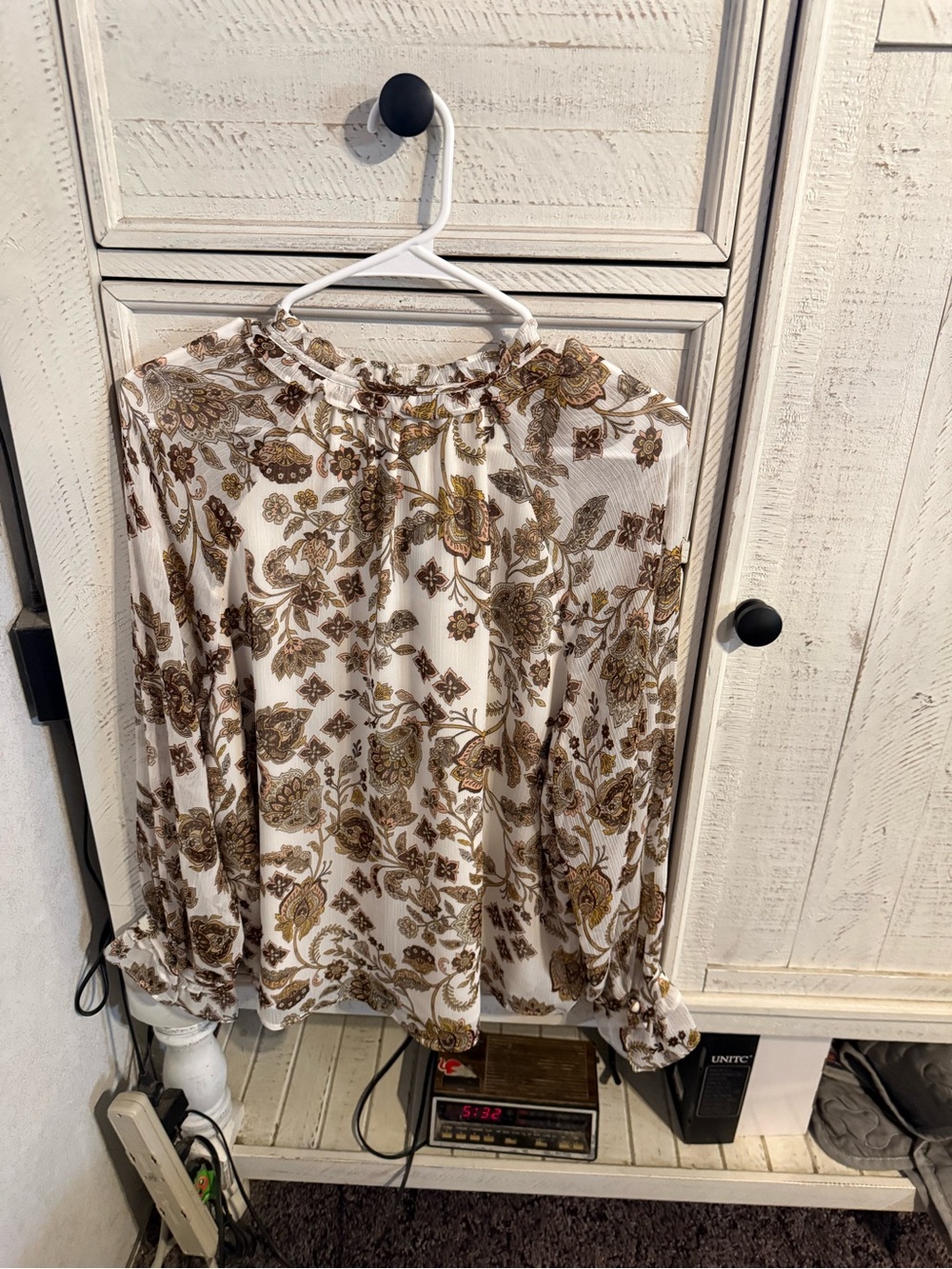 LOFT Long Sleeve Floral Blouse - Cream and Brown